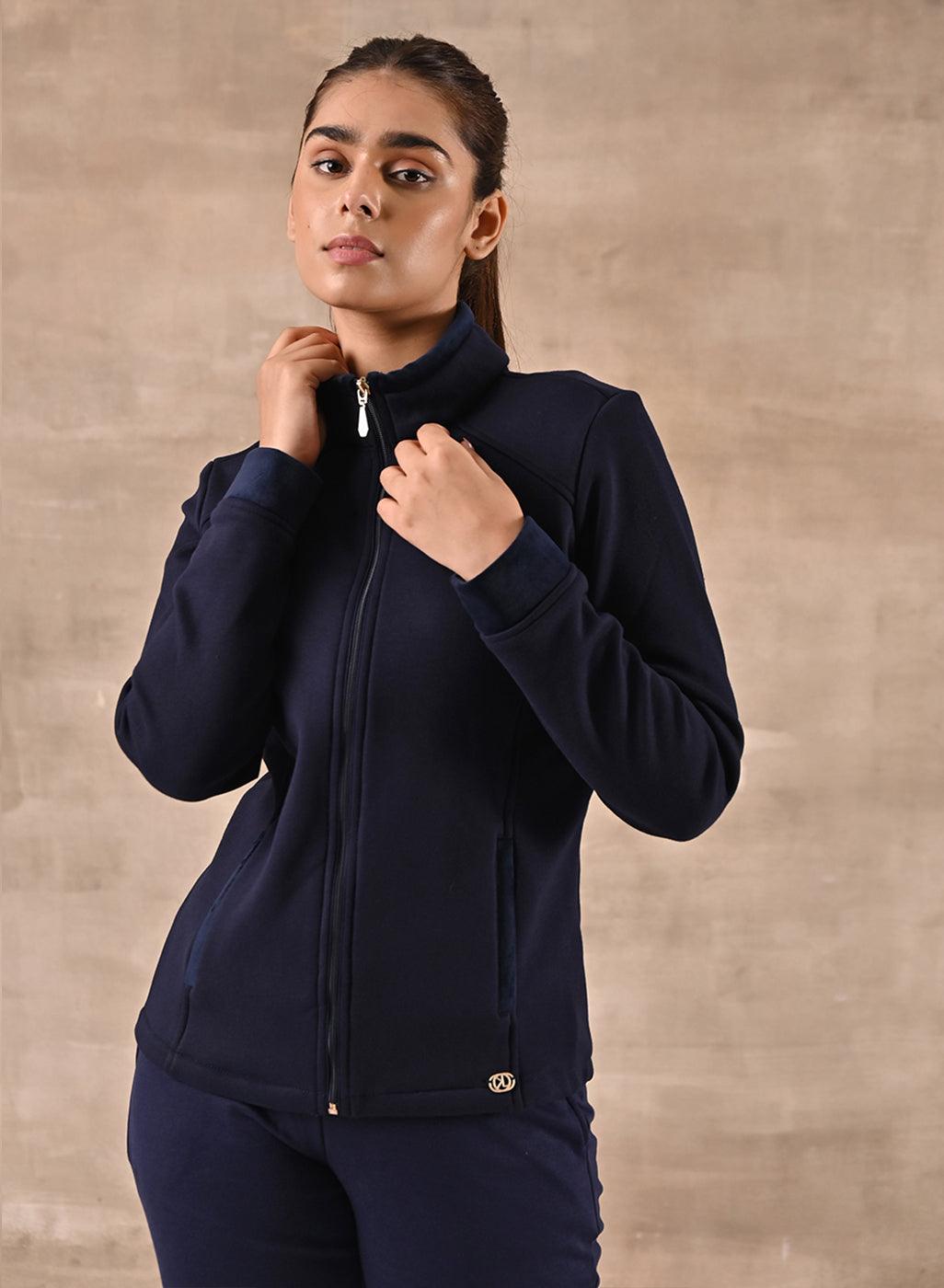 Navy Blue Zip-front High-neck Regular Jacket with Pockets - Lakshita
