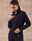 Navy Blue Zip-front High-neck Regular Jacket with Pockets - Lakshita