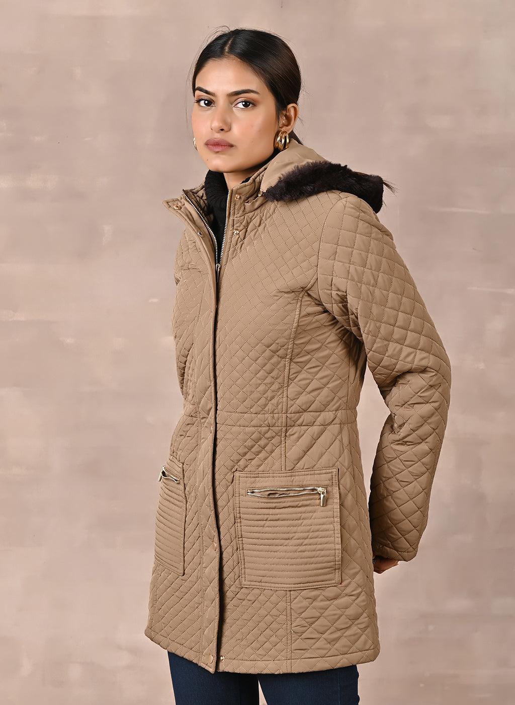 Olive Quilted Jacket with attached Hood - Lakshita