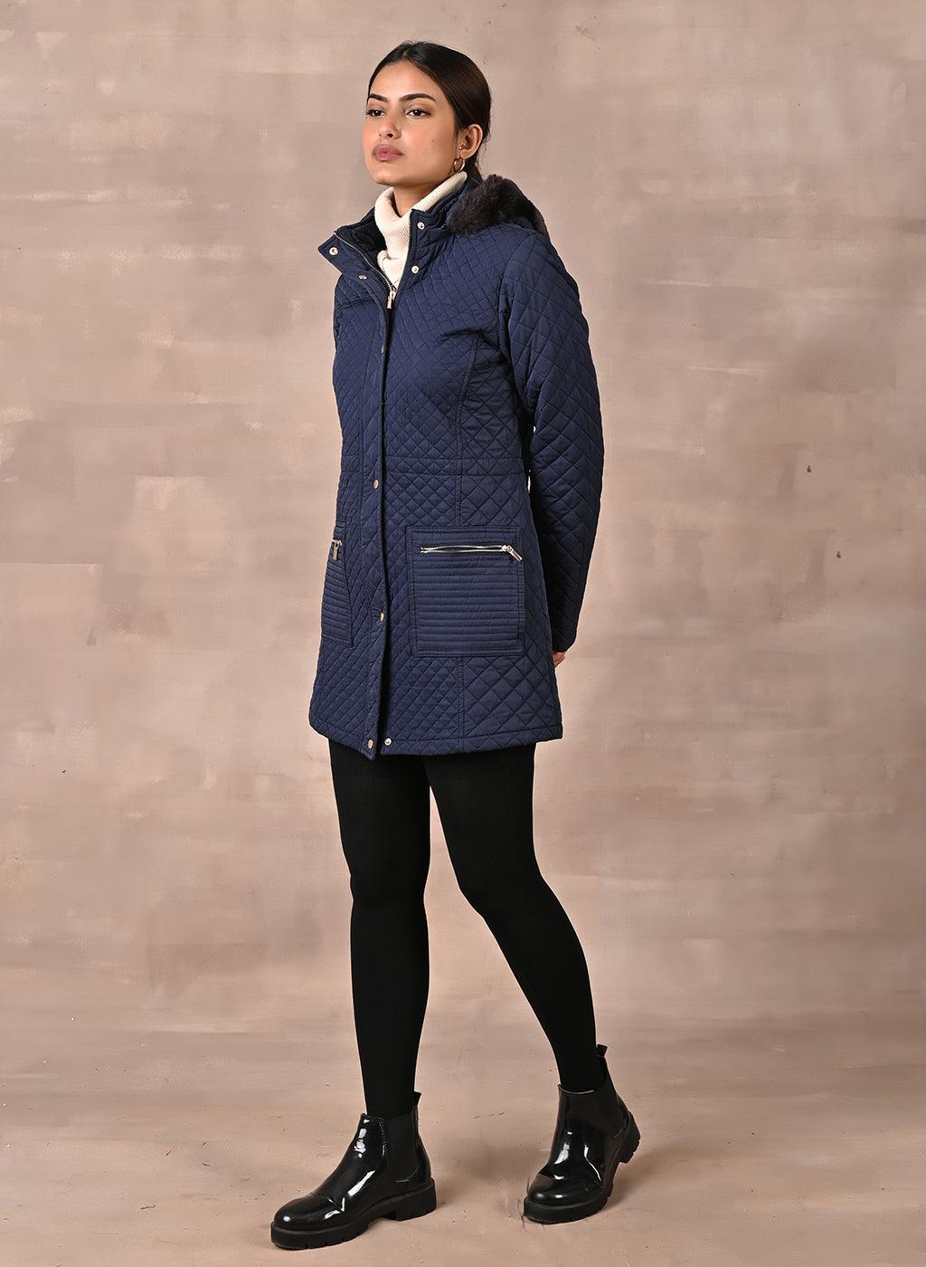 Navy Blue Quilted Jacket with attached Hood - Lakshita