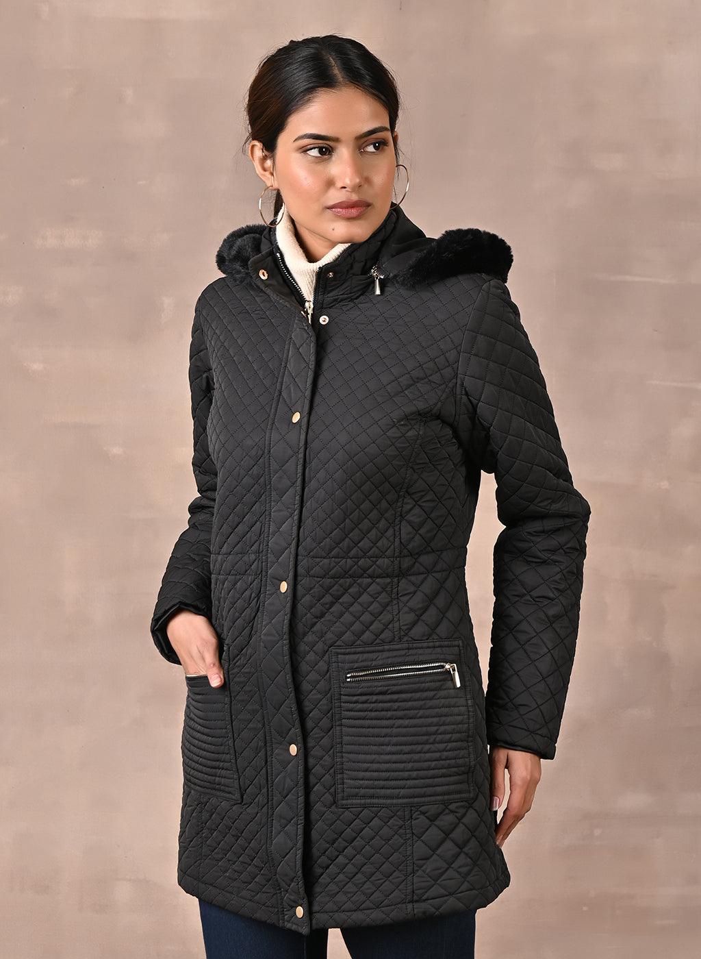 Black Quilted Jacket with attached Hood - Lakshita