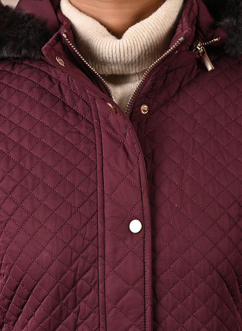 Maroon Quilted Jacket with attached Hood - Lakshita