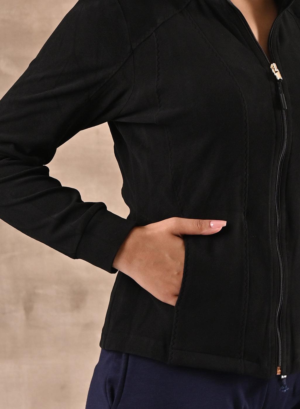 Black Woolen High Neck Jacket with Zig Zag Stitch Detail - Lakshita
