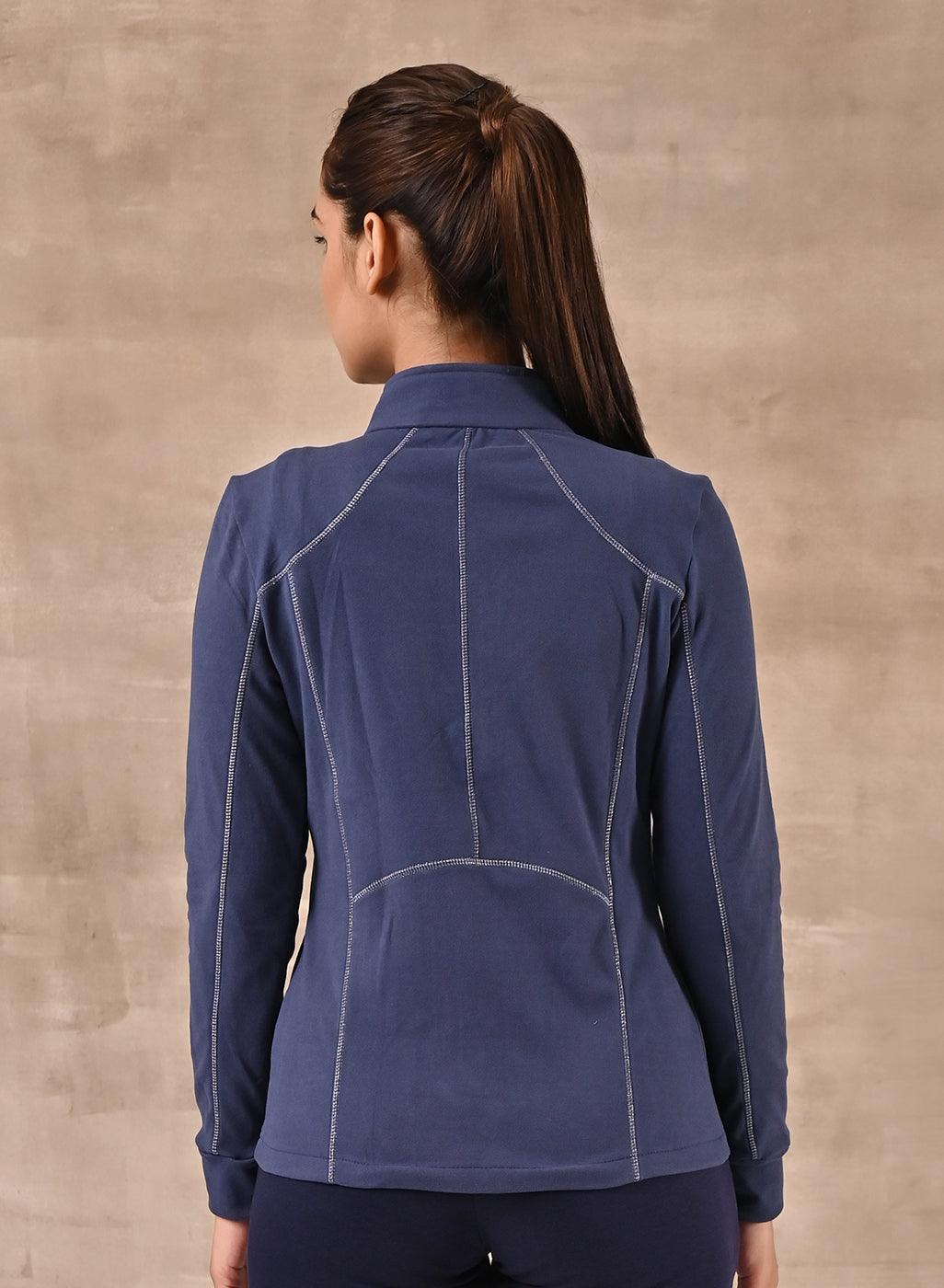 Blue Woolen Zip-front High-neck Jacket - Lakshita