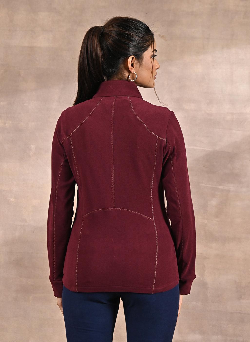 Wine Woolen Zip-front High-neck Jacket - Lakshita
