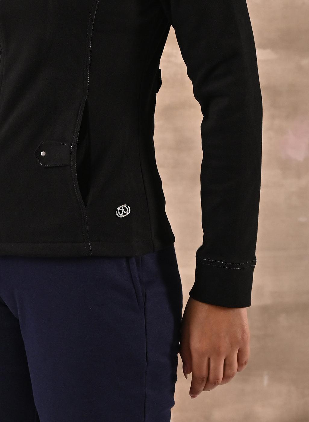 Black High Neck Jacket with Zipper &amp; Pockets - Lakshita