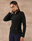 Black High Neck Jacket with Zipper & Pockets - Lakshita