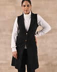 Black Sleeveless Trench Coat with Notch Collar - Lakshita