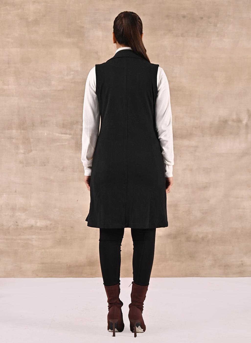 Black Sleeveless Trench Coat with Notch Collar - Lakshita