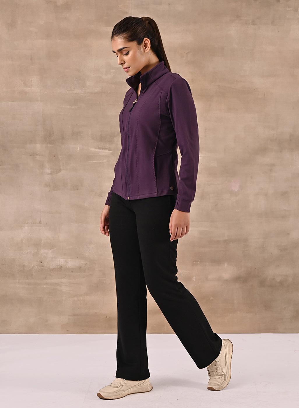 Purple Woolen High Neck Jacket with Zip Front - Lakshita