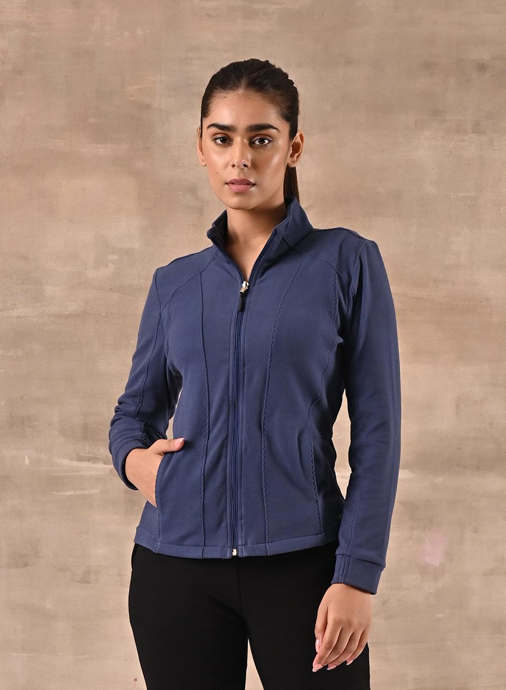 Blue Woolen High Neck Jacket with Zip Front - Lakshita