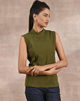 Olive Sleeveless Winter Top with Fine Stich Detailing - Lakshita