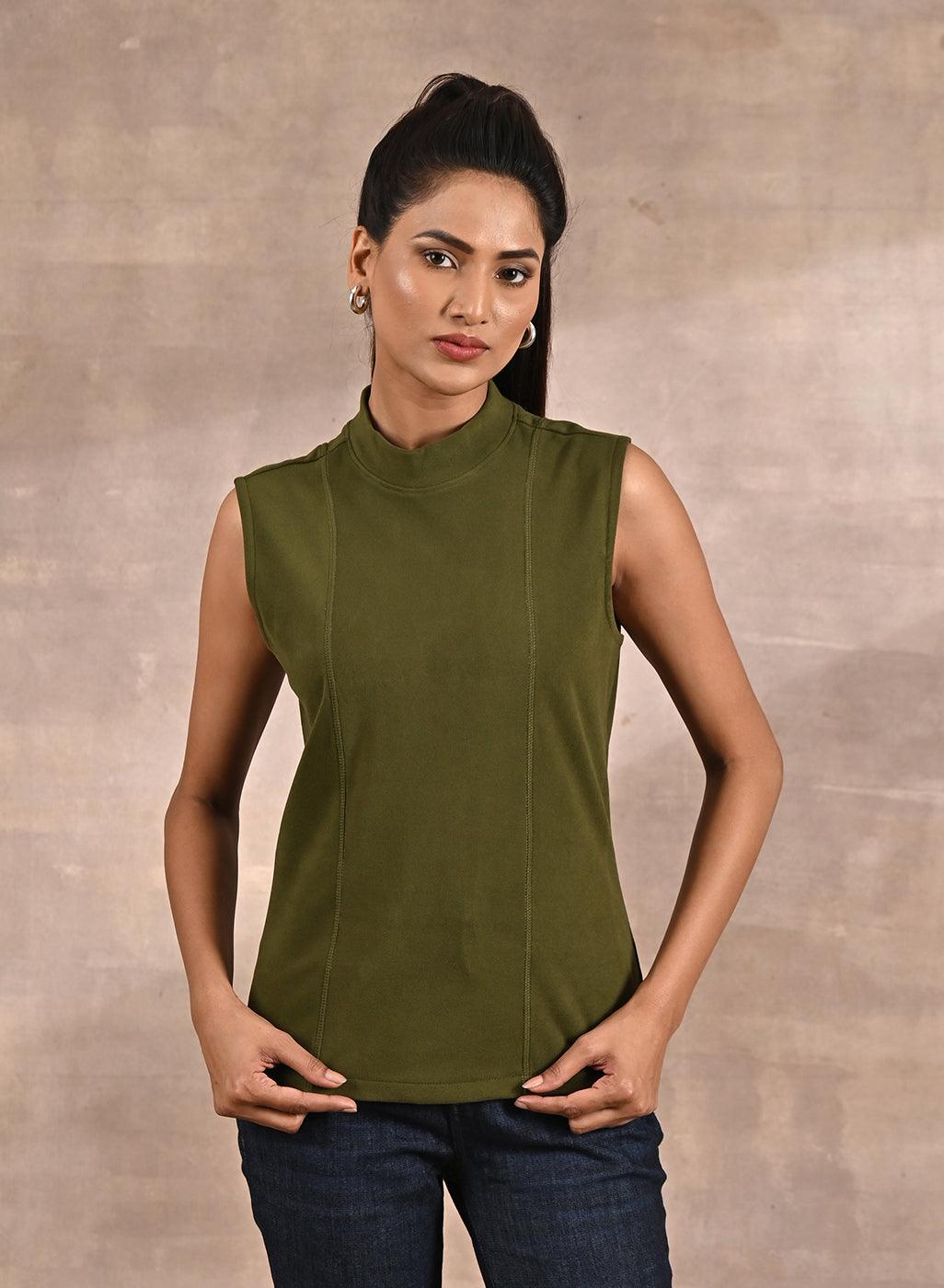 Olive Sleeveless Winter Top with Fine Stich Detailing - Lakshita