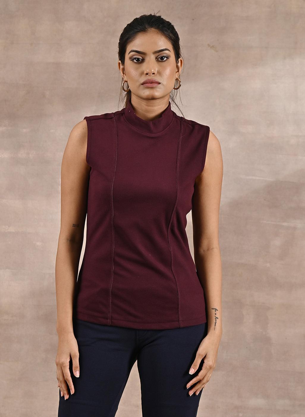 Maroon Sleeveless Winter Top with Fine Stich Detailing - Lakshita