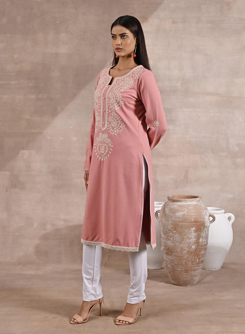 Pink Woolen Kurta with Fine Embroidery - Lakshita