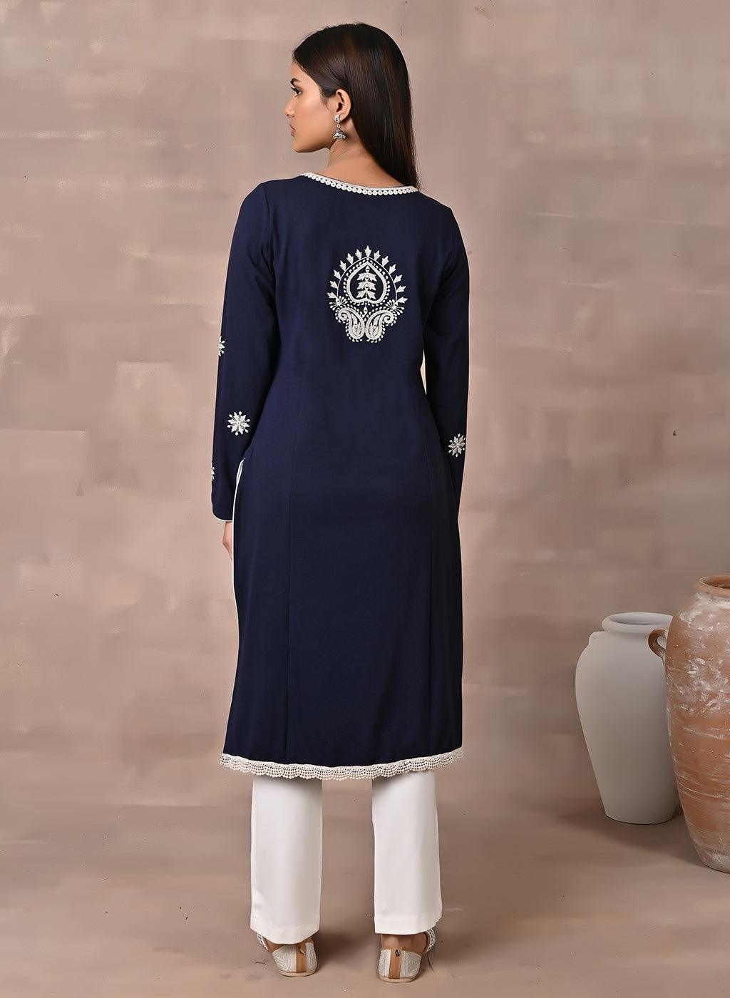 Navy Blue Woolen Kurta with Fine Embroidery - Lakshita