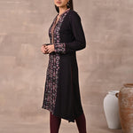 Purple Solid Kurta with Tribal Embroidery and Curved Hem - Lakshita