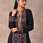 Purple Solid Kurta with Tribal Embroidery and Curved Hem - Lakshita