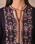 Purple Solid Kurta with Tribal Embroidery and Curved Hem - Lakshita