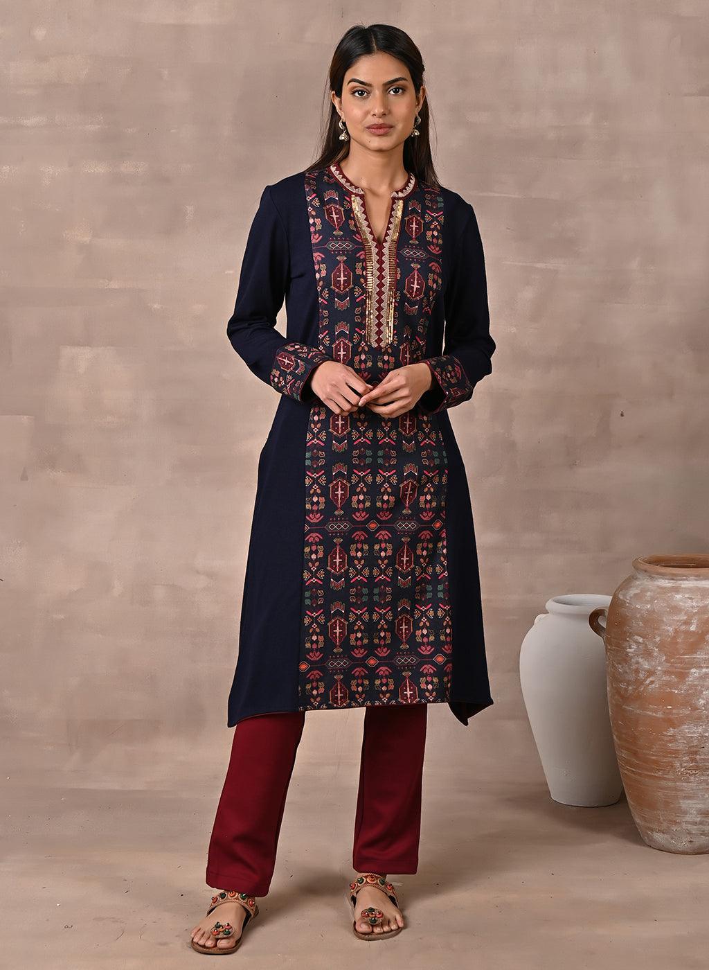 Midnight Blue Solid Kurta with Tribal Embroidery and Curved Hem - Lakshita