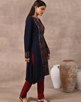Midnight Blue Solid Kurta with Tribal Embroidery and Curved Hem - Lakshita