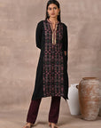 Black Solid Kurta with Tribal Embroidery and Curved Hem - Lakshita
