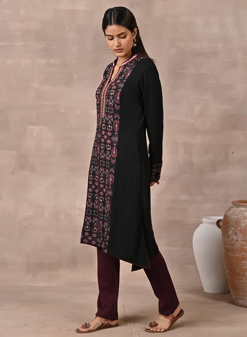 Black Solid Kurta with Tribal Embroidery and Curved Hem - Lakshita