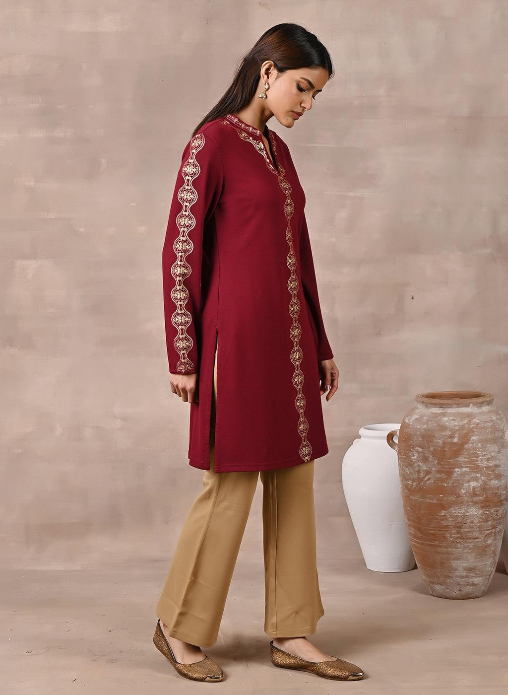 Latte Woolen Kurti from Kashmir with Paisley and Floral Aari Embroidery |  Exotic India Art