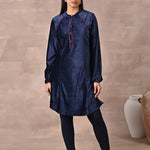 Navy Blue Princess Cut Solid Kurta with Gathered Sleeves - Lakshita