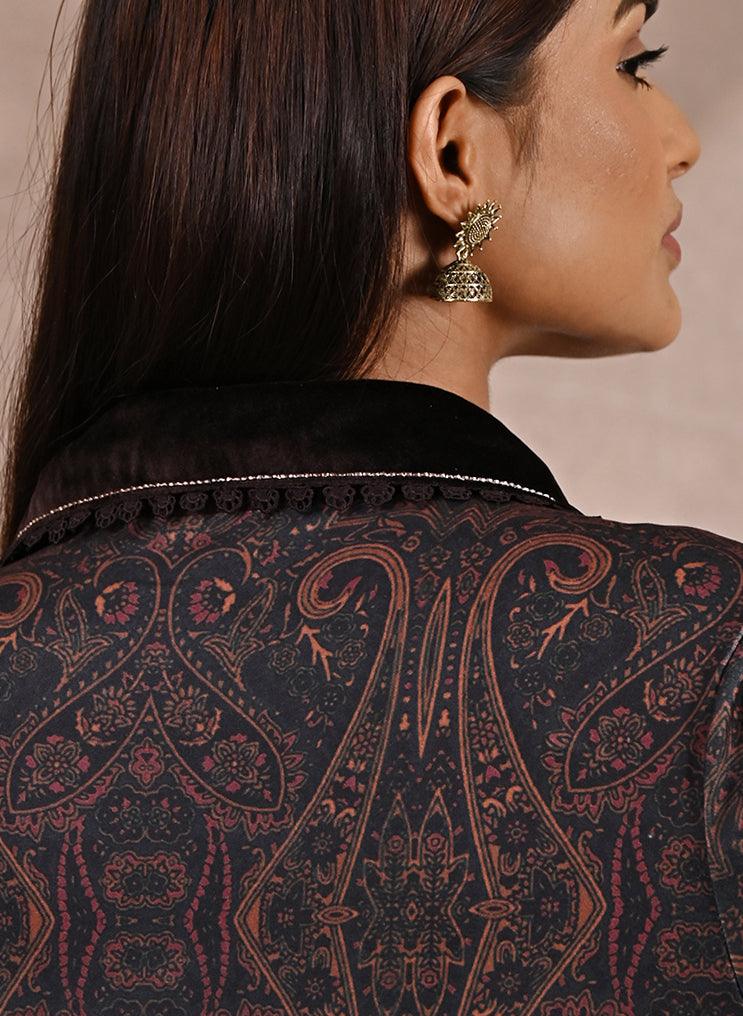 Black Printed Tunic with Embroidery on Collar - Lakshita
