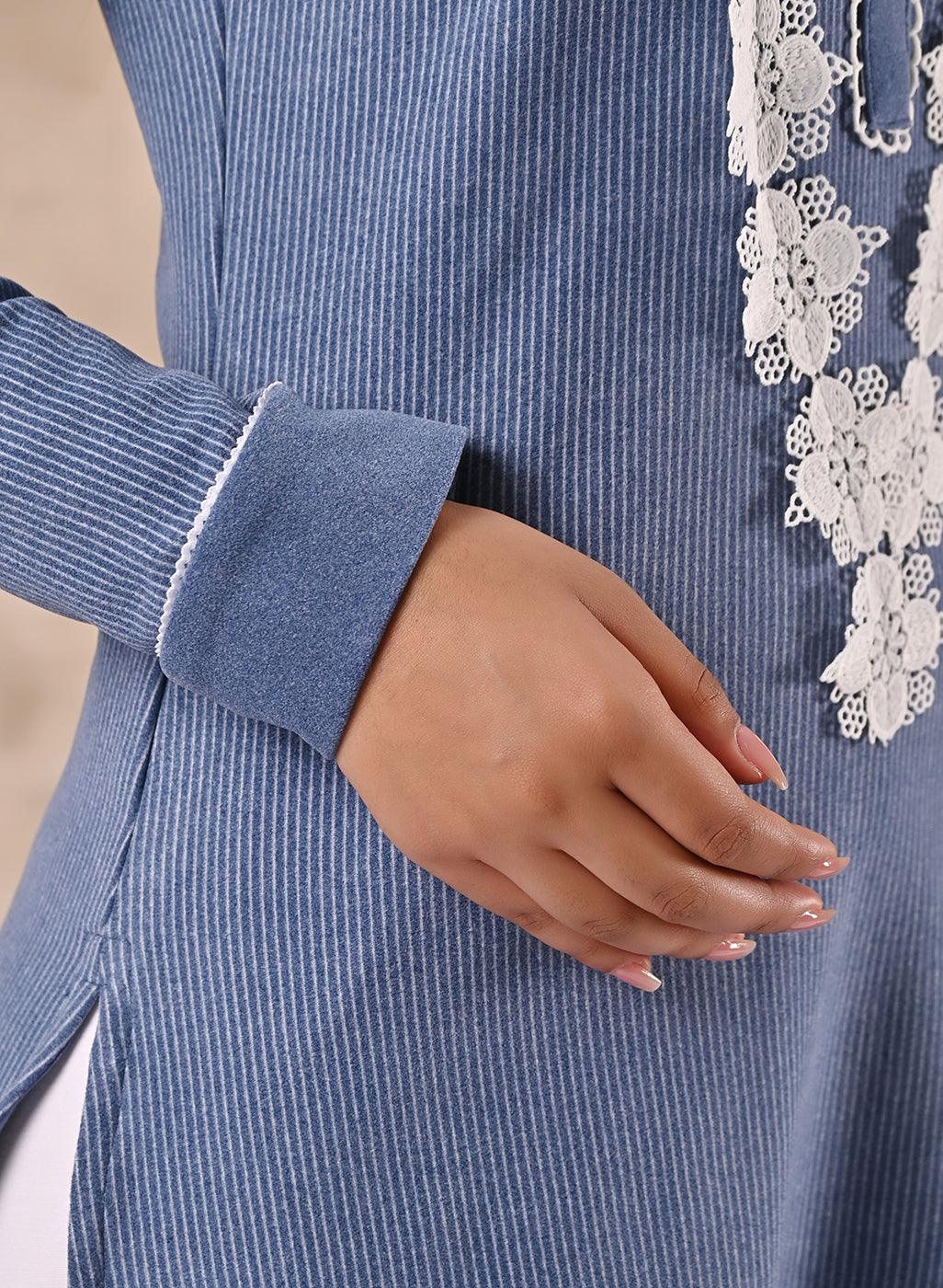 Blue Full Sleeve Woolen Striped Kurti with Lace Work - Lakshita