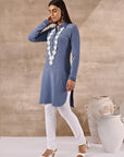 Blue Full Sleeve Woolen Striped Kurti with Lace Work - Lakshita
