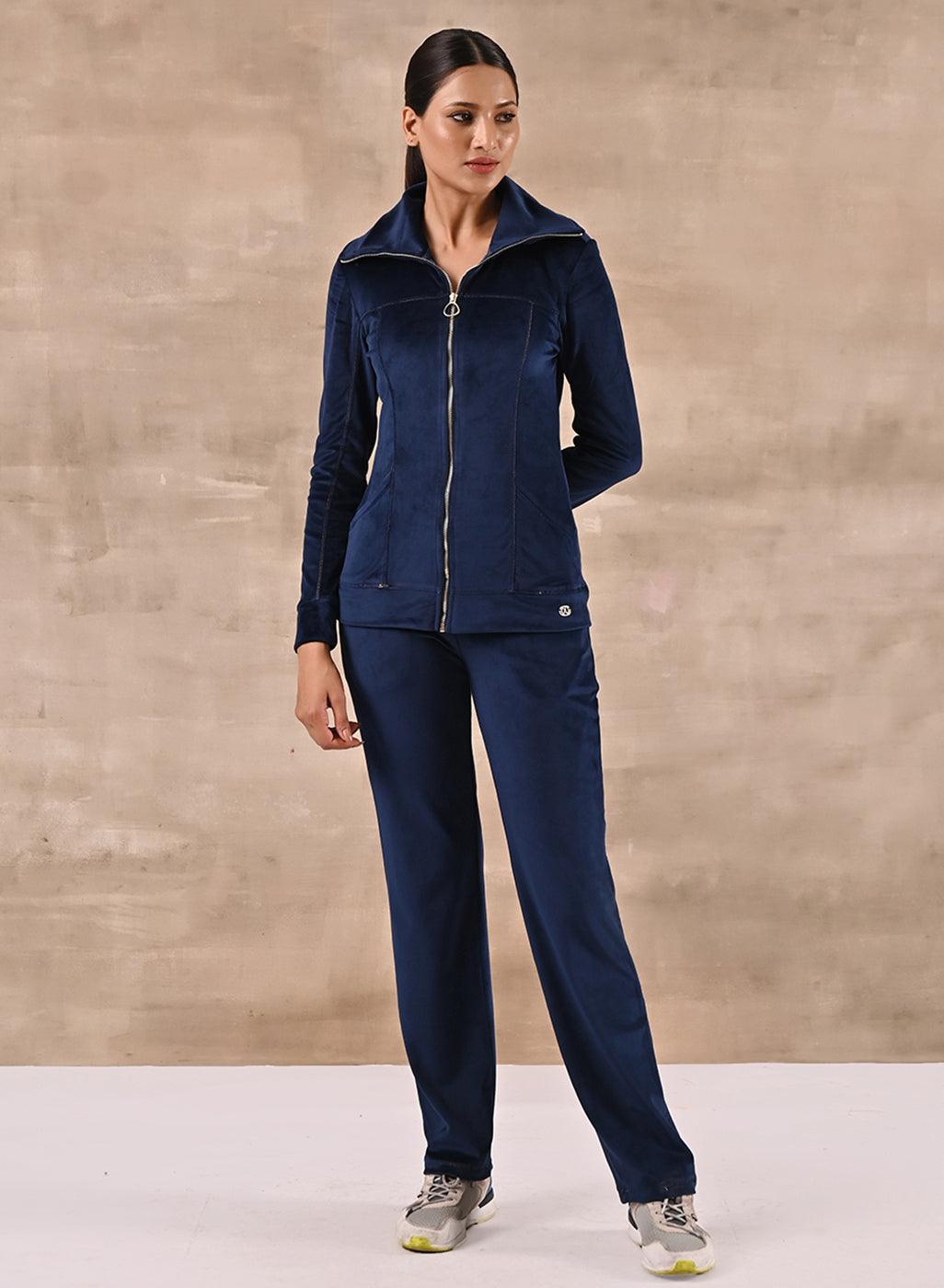 Royal Blue Track Suit with Spread Collar - Lakshita