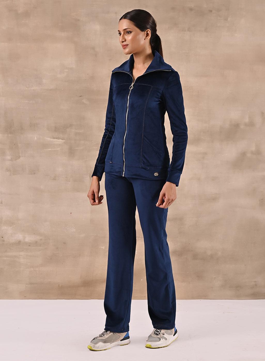 Royal Blue Track Suit with Spread Collar - Lakshita