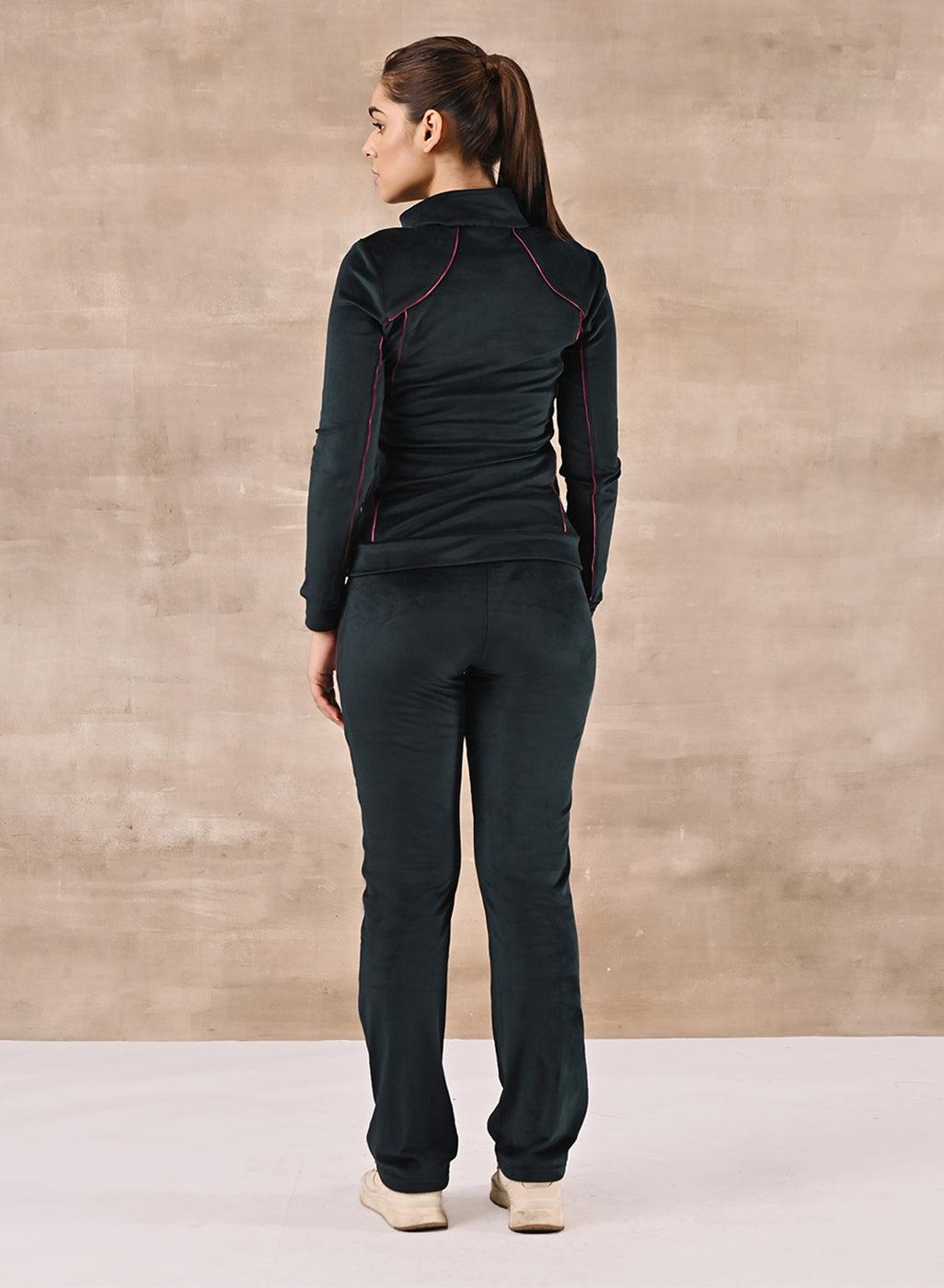 Forest Green Paneled High Neck Track Suit - Lakshita