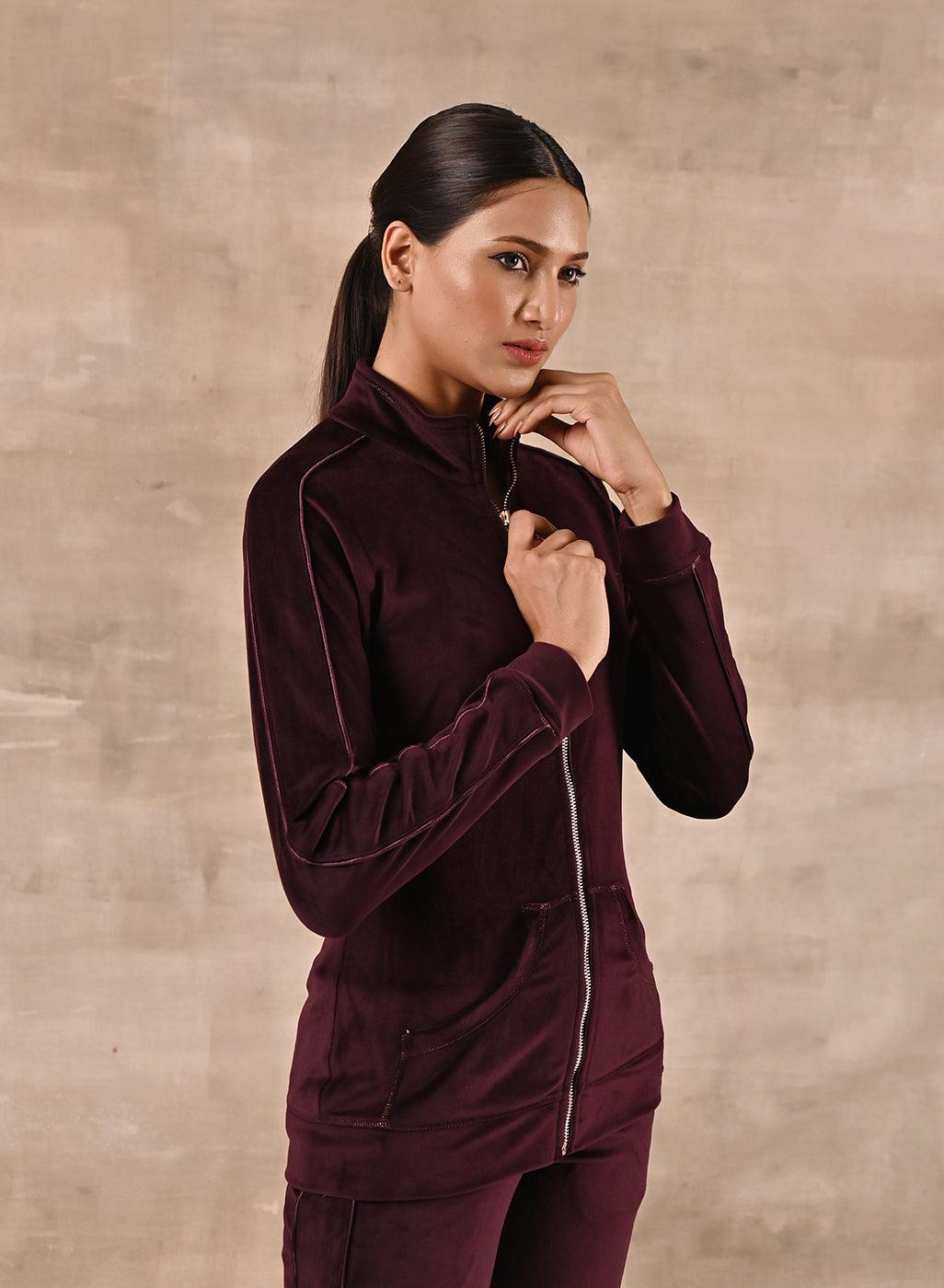 Maroon Tracksuit with Classic Collar and Zip Closure - Lakshita