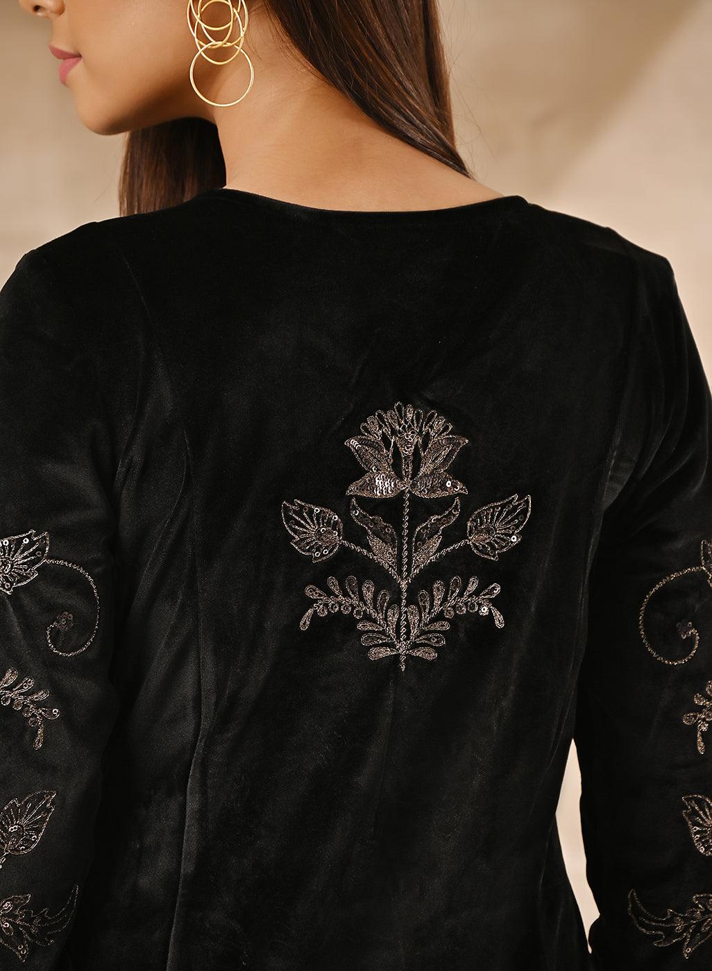 Black Floral Velvet Kurta with Embroidery - Lakshita