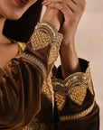 Golden Velvet Kurta Set With Heavy Front Yoke Zari Embroidery - Lakshita