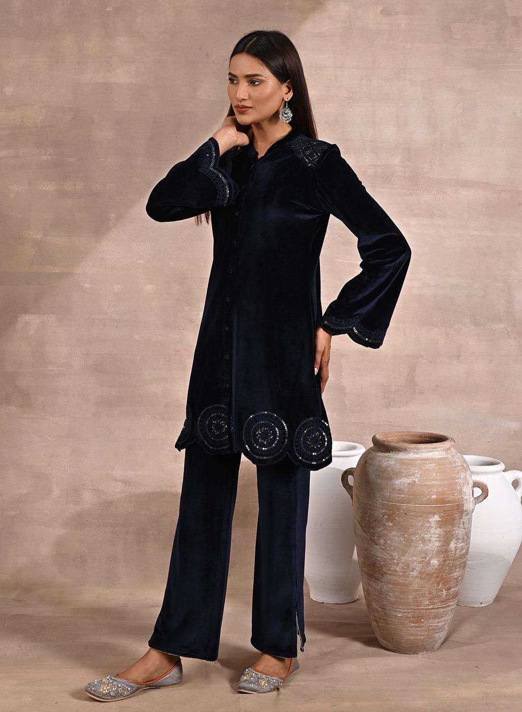Navy Blue Velvet Tunic with Cut Work &amp; Hand Embroidery - Lakshita