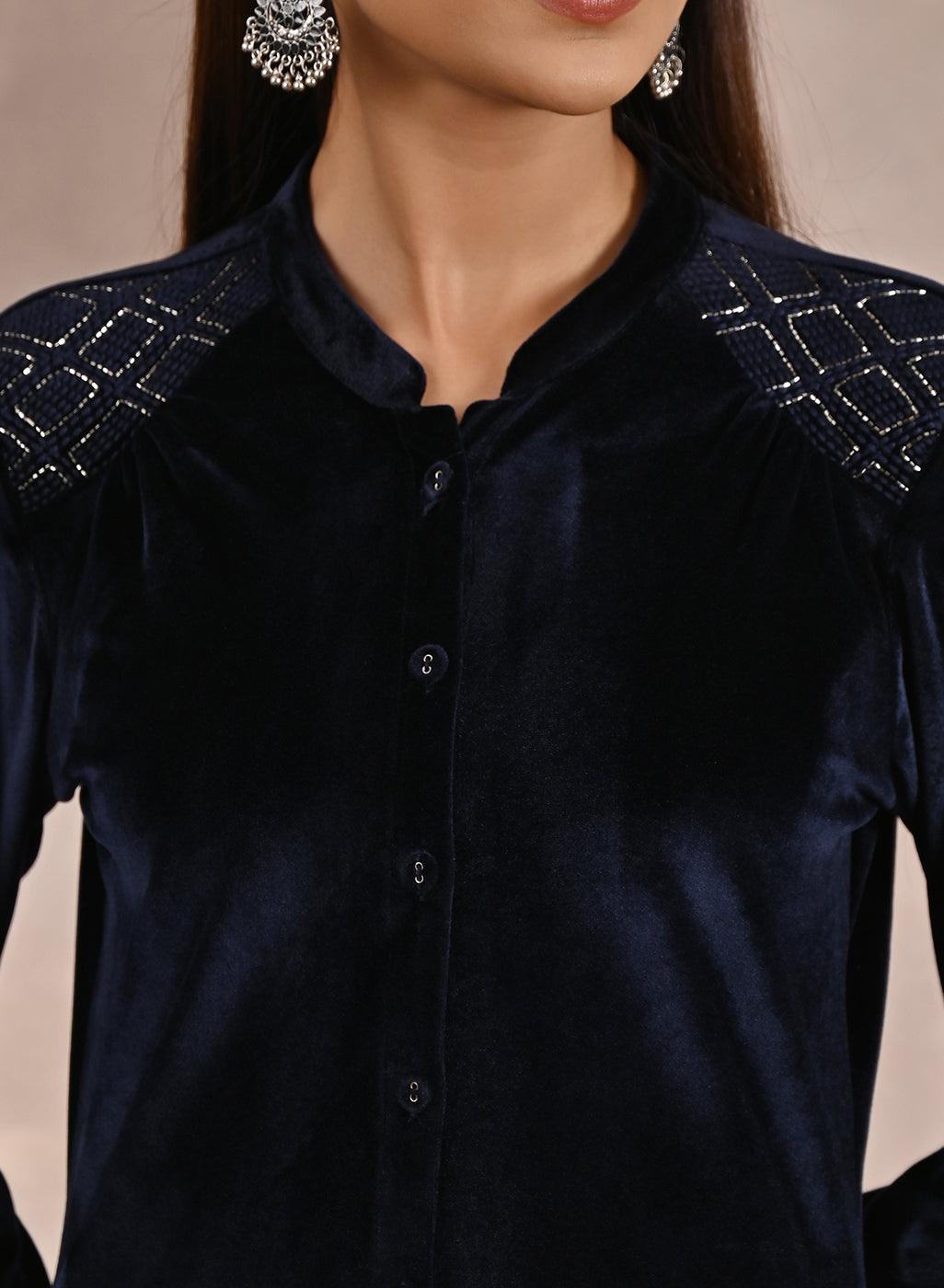 Navy Blue Velvet Tunic with Cut Work & Hand Embroidery - Lakshita