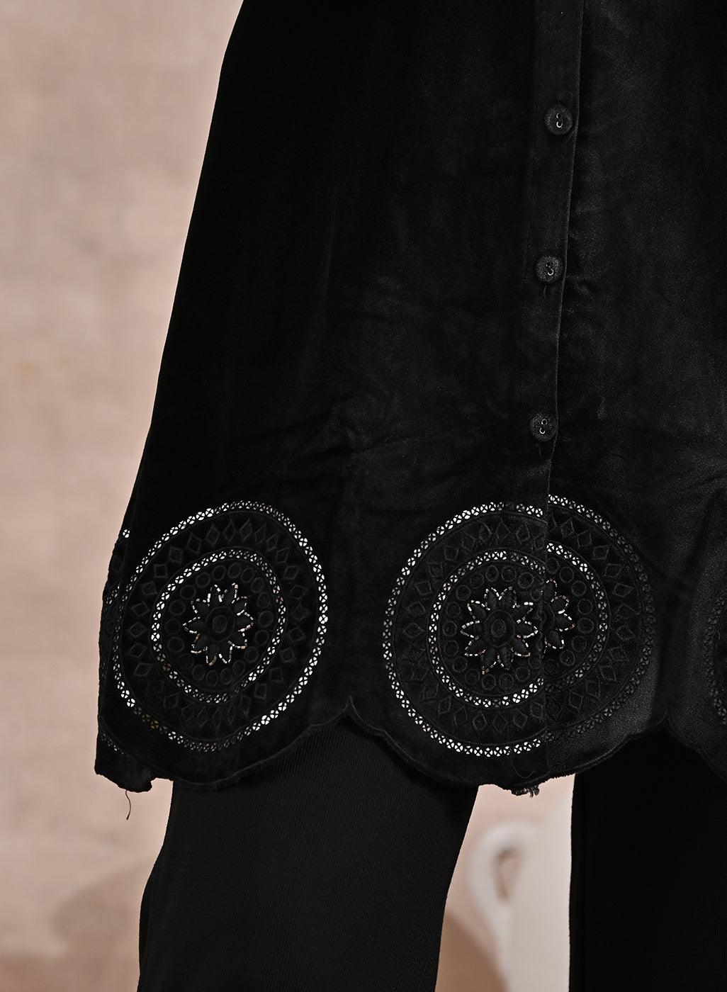 Black Velvet Tunic with Cut Work & Hand Embroidery - Lakshita