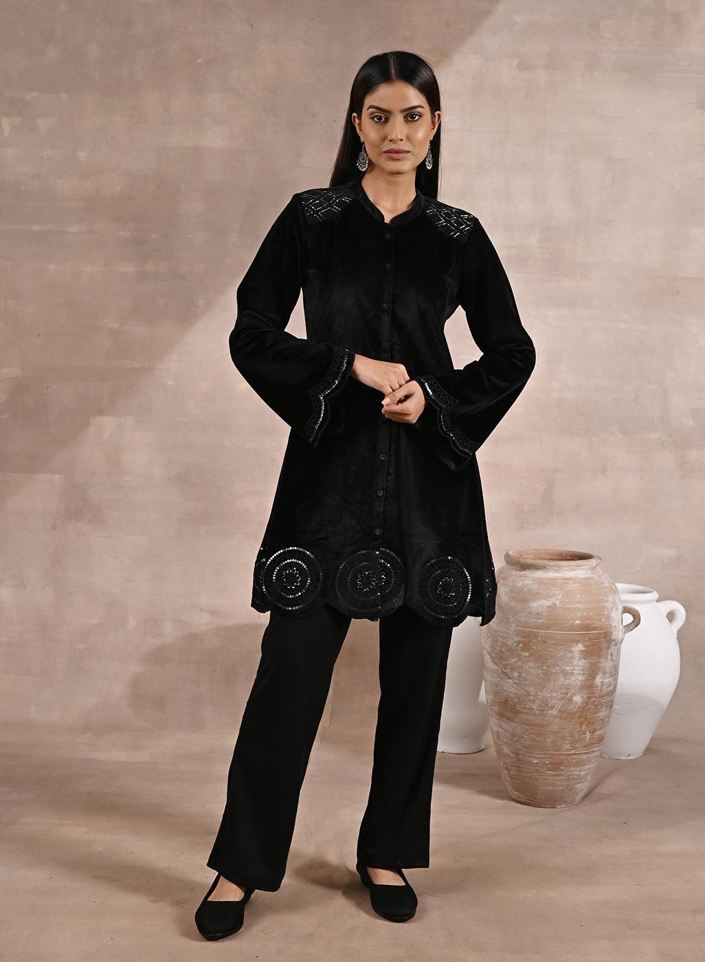 Black Velvet Tunic with Cut Work &amp; Hand Embroidery - Lakshita
