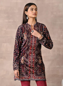 Teal Multicolor Print Velvet Straight Kurti - Lakshita