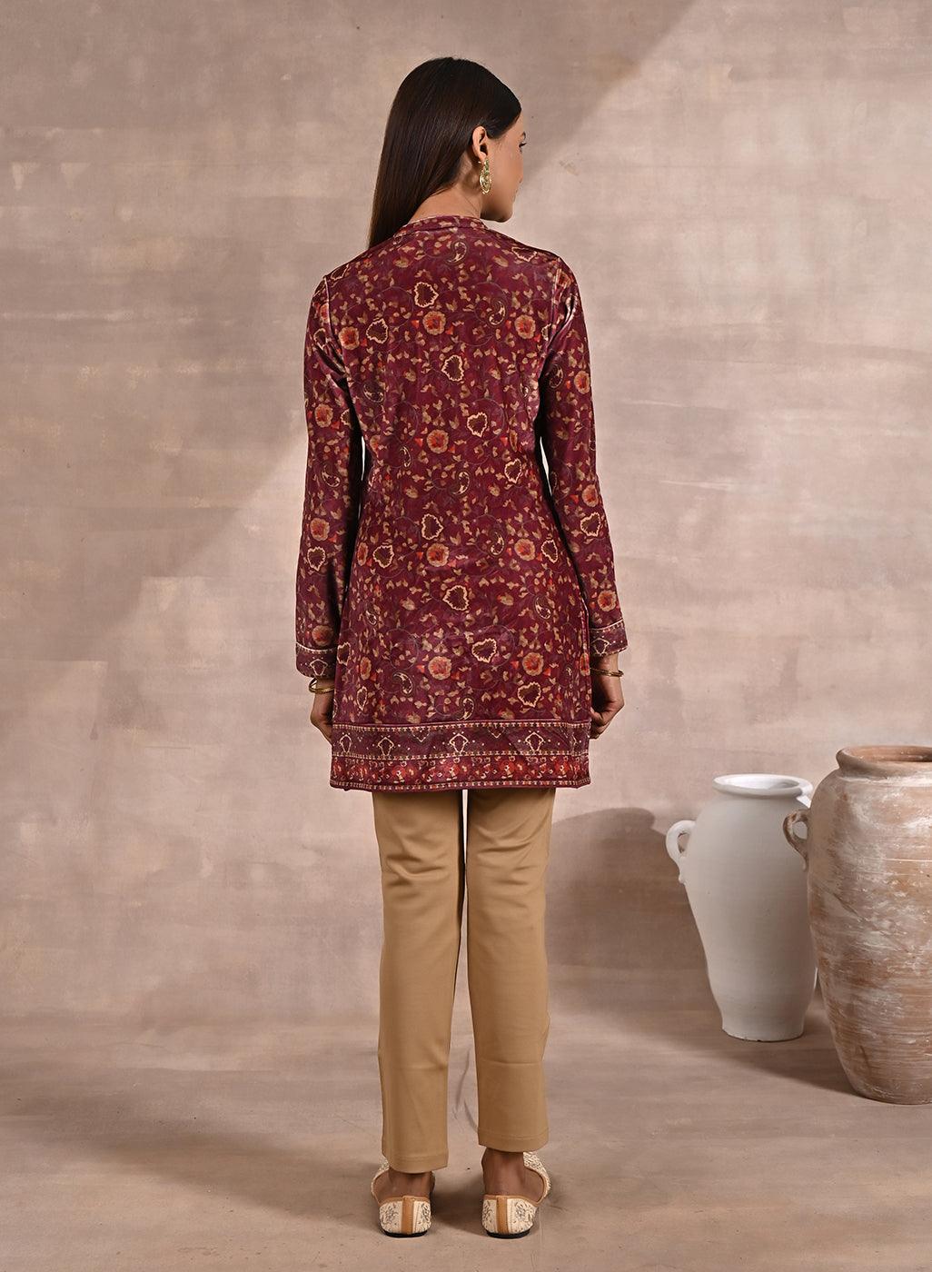 Maroon Multicolor Print Velvet Straight Kurti - Lakshita