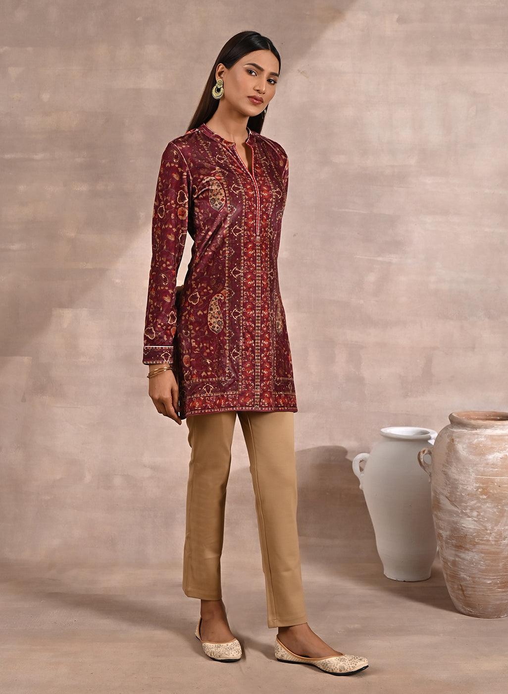 Maroon Multicolor Print Velvet Straight Kurti - Lakshita
