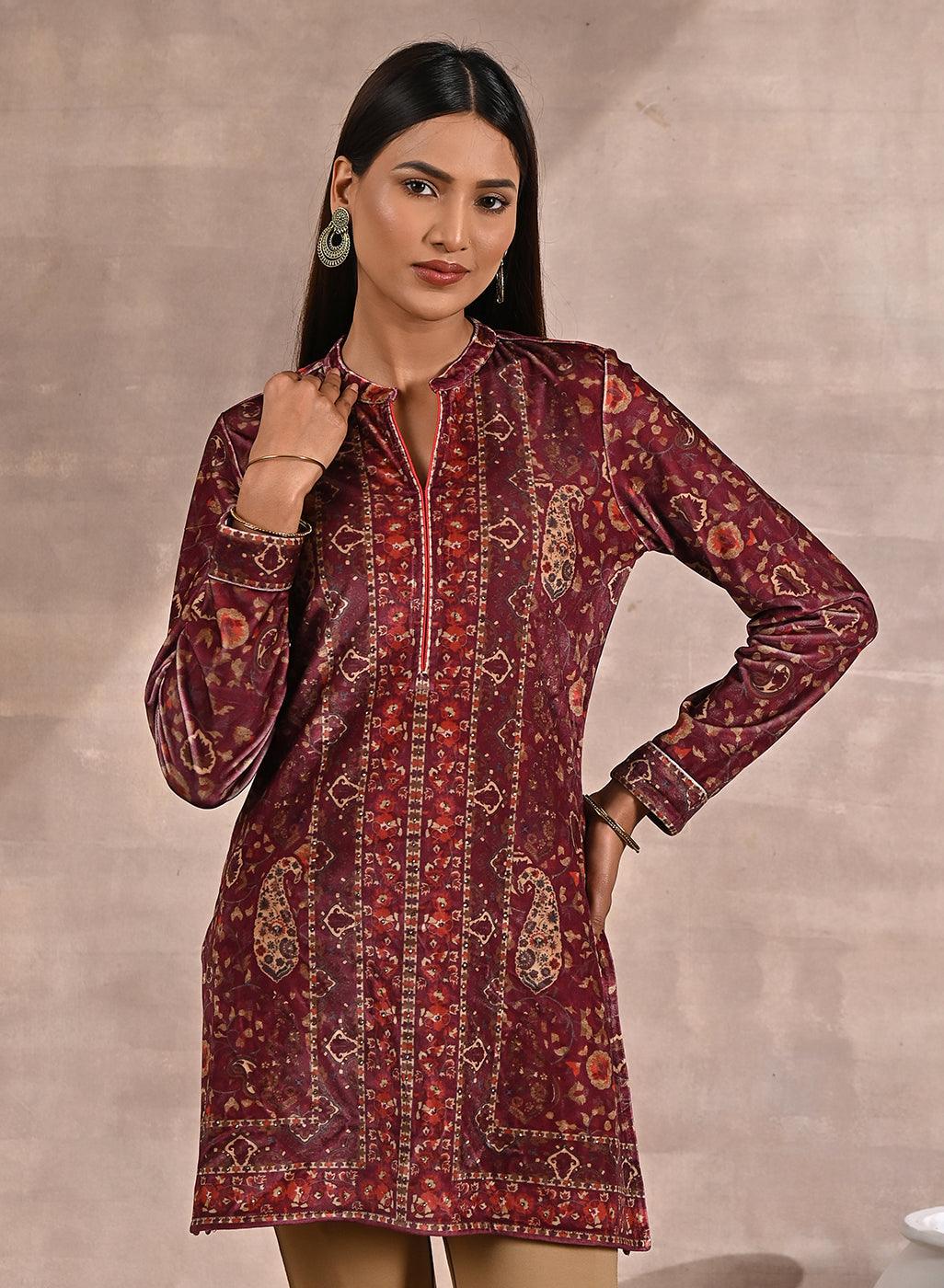 Maroon Multicolor Print Velvet Straight Kurti - Lakshita