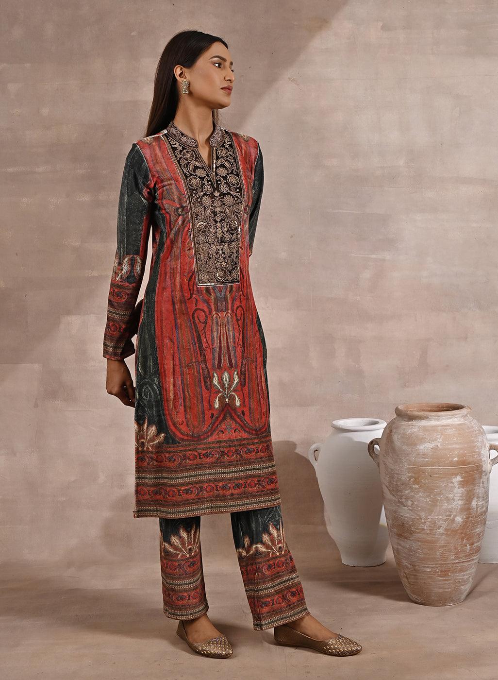 Green Embellished Ethnic Marble Print Velvet Kurta Set - Lakshita