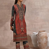 Green Embellished Ethnic Marble Print Velvet Kurta Set - Lakshita