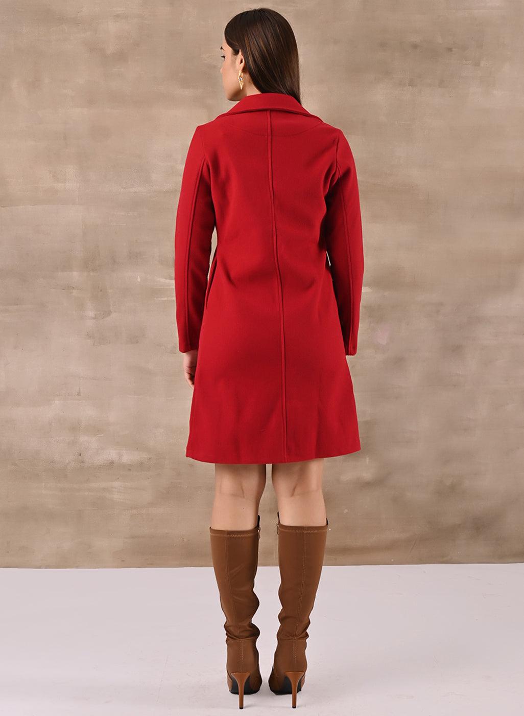 Red Long Trench Coat with Paneled Font and Button Detail - Lakshita