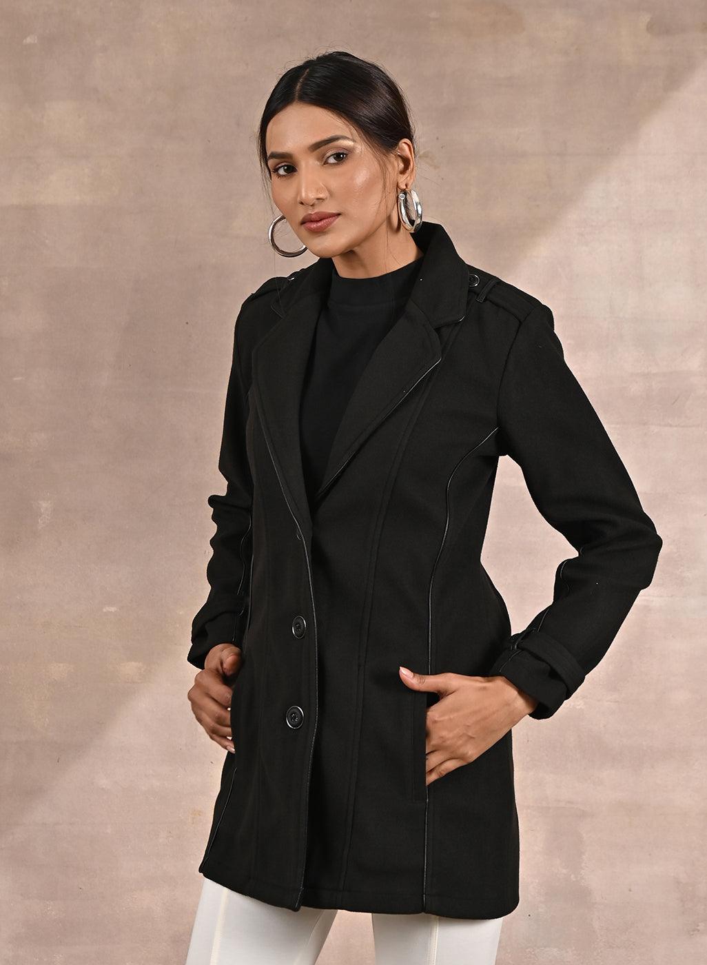 Grey Brushed Wool Long Sleeve Coat with Leather Piping - Lakshita